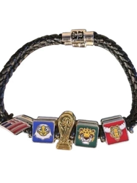 Fifa Other - Black Braided Leather Charm Bracelet with Colorful Animal and Trophy Beads